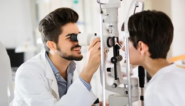 Healthcare student learning eye examination skills with professional equipment at Virohan.