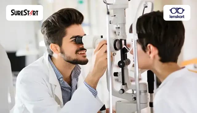 Healthcare student learning eye examination skills with professional equipment at Virohan.